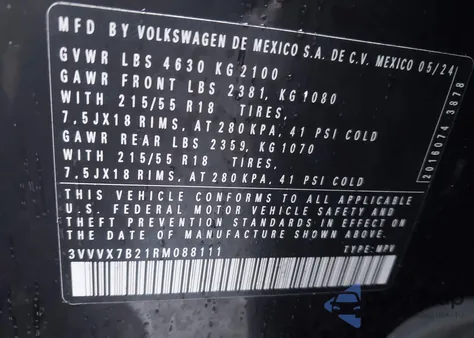 2024 Volkswagen Taos 1.5T Se from USA, damaged, VIN 3VVVX7B21RM088111